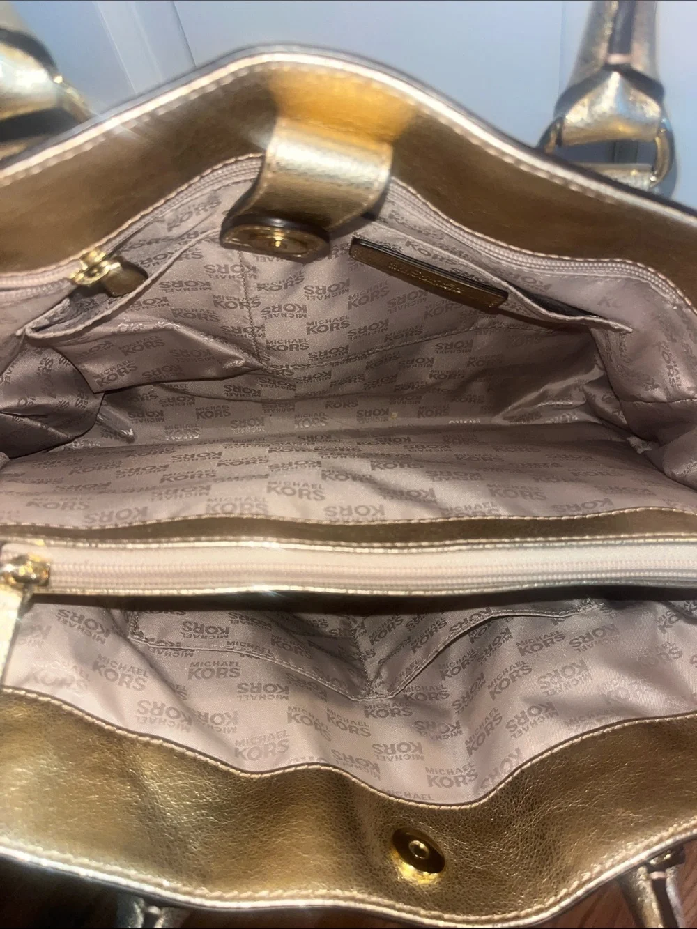 Michael Kors Metallic Gold Leather Tote with Chain-Detail Strap
